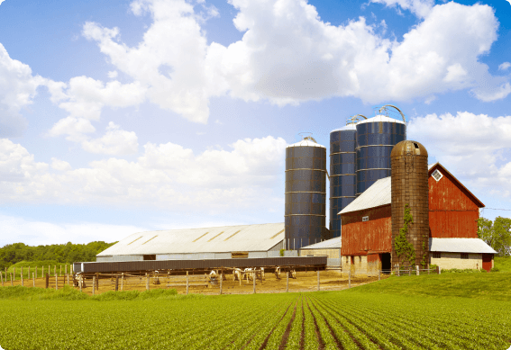 a farm with a few silos