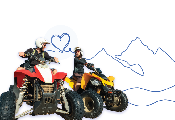 a couple of people on an atv with a blue heart