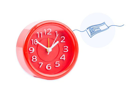 a red clock with a blue hand