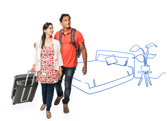 a man and a woman with a suitcase and a drawing