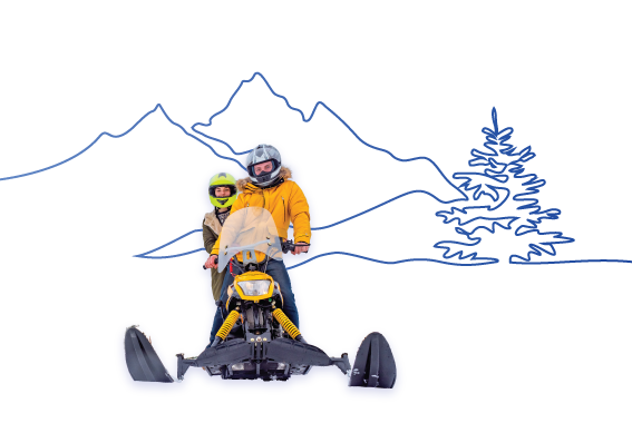 a man and a woman riding a snowmobile