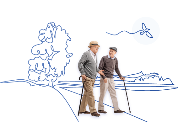 elderly men walking on a path