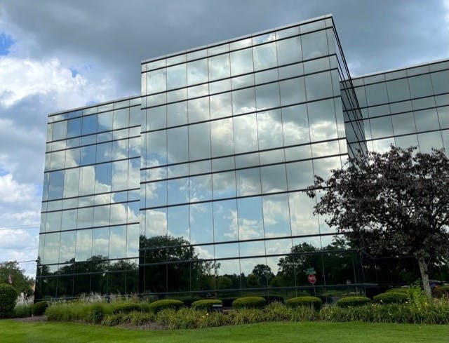 a large glass building