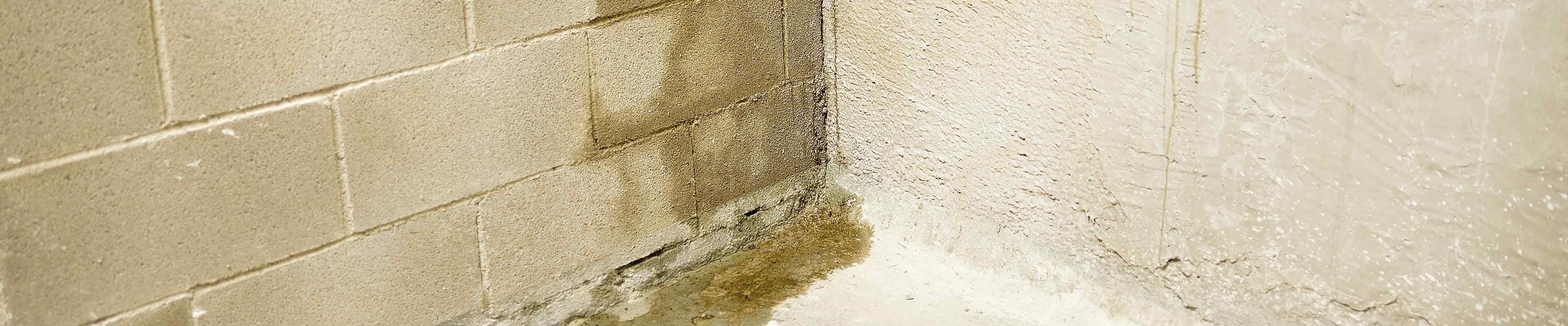 Image of a basement wall with ceder blocks leaking water.