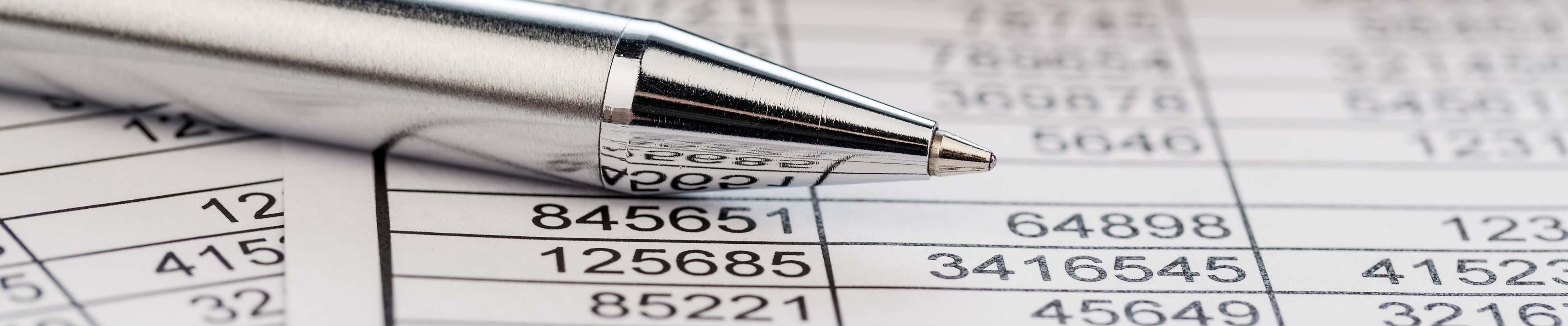 Image of a silver pen atop a spreadsheet.