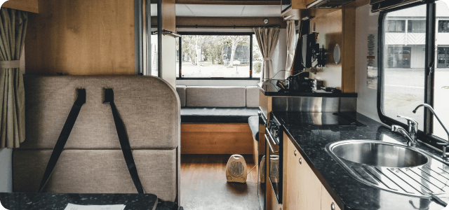 Living space and kitchen area inside of an RV