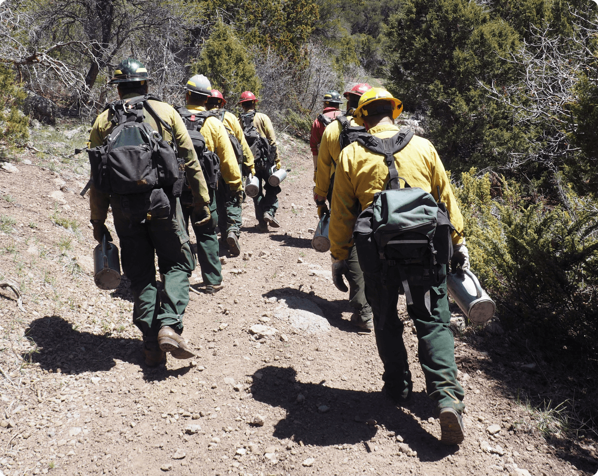 a group of people in yellow jackets walking on a dirt path