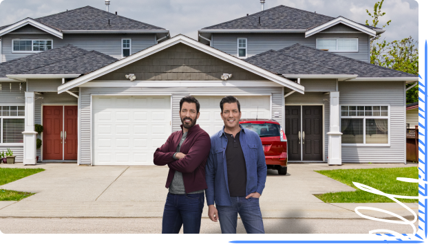 two men standing in front of a house