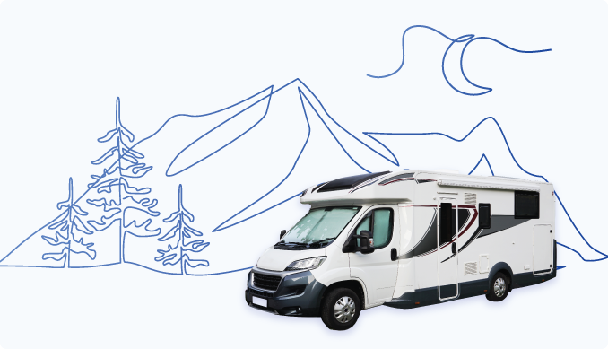 a white camper with a mountain doodle