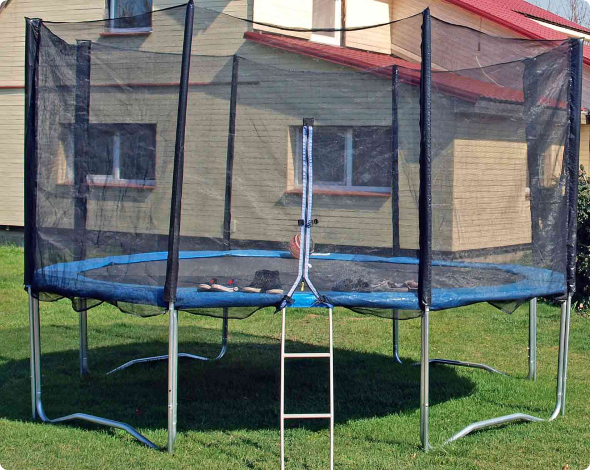 A trampoline in the backyard